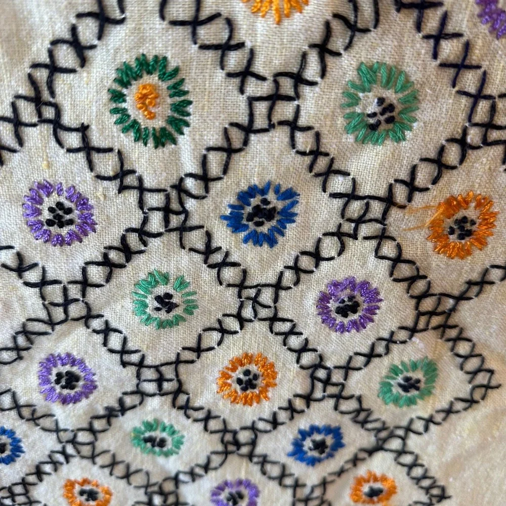 Vtg 50s Cross Stitch Tablecloth & 4 Napkins Set Yellow Floral Linen Cottagecore